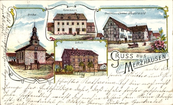 Litho Merzhausen im Breisgau, Gruß aus  Gasthaus zum Steuerwald, Kirche, Forsthaus, Schule