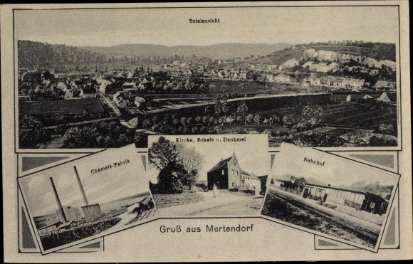 KP Mertendorf Saksonia Anhalt, panorama, fabryka Chamott, kościół, szkoła, pomnik, dworzec kolejowy