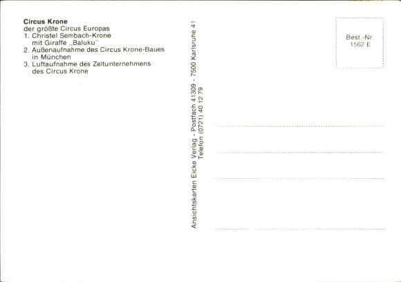 Postcard Munich, Circus Krone, Giraffe Baluku, Christel Sembach Krone