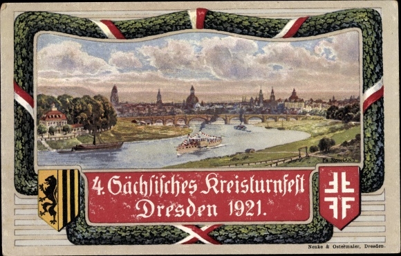 Coat of arms artist PC Dresden, 4th Saxon district gymnastics festival 1921, city view from the small forest castle