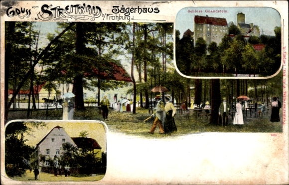 Litho Gnandstein Kohren Sahlis in Sachsen, Schloss, Jägerhaus Streitwald, Gäste im Garten