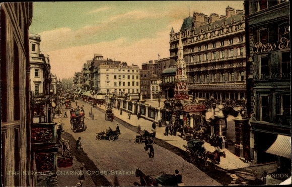 Postcard London City England, Strand and Charing Cross Station