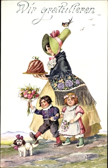 Postcard Congratulations, We congratulate, Mother with children, Cake, Dog, Bouquet