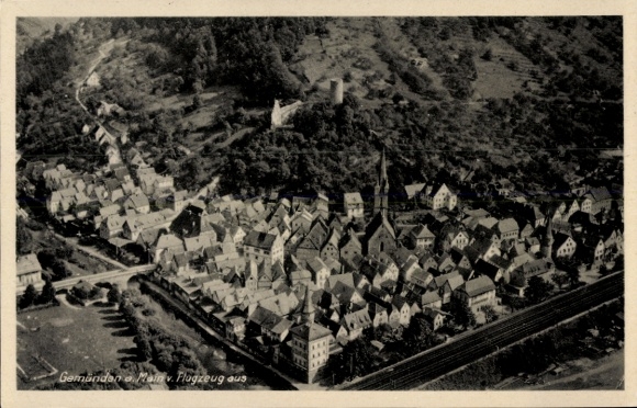 Postcard Gemünden Wohra in Hesse, aerial view of castle, houses, church, landscape