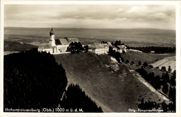 Postcard Hetten Hohenpeißenberg in Upper Bavaria, landscape photo, church, mountain inn, wide valley