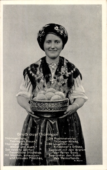 Ak Thüringer Tracht, Frau mit Klößen, Gedicht