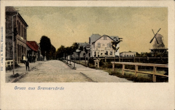 Postcard Bremervörde in Lower Saxony, street section, windmill