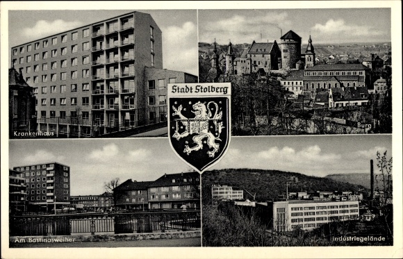 Postcard Stolberg in the Rhineland, hospital, castle, industrial site, Am Bastingsweiher, coat of arms