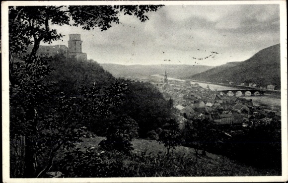 Postcard Heidelberg am Neckar, river landscape, city view, hilly landscape