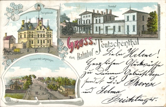 Litho Teutschenthal im Saalekreis, Bahnhof, Postgebäude, Straße nach Langenbogen