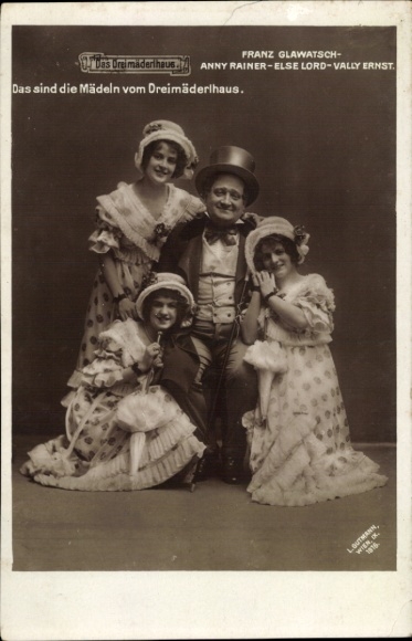 Postcard Actors Anny Rainer, Franz Glawatsch, Else Lord, Vally Ernst, the Dreimäderlhaus