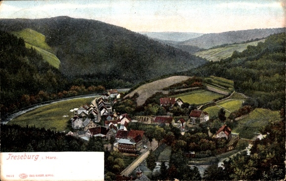 Postcard Treseburg Thale in the Harz, Hotel Weißer Hirsch, Bodetal, Panorama