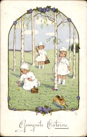 Artist Postcard Döring, Lia, Girls looking for Easter eggs, rabbit