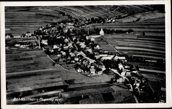 Postcard Böhlen in the district of Leipzig, aerial view of agricultural area, church visible