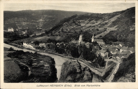 Postcard Heimbach in the Eifel, view from the Marienhöhe into the valley, church, river