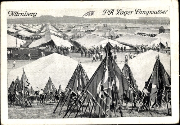 Postcard Nuremberg, Reich Party Rally, SA Camp Langwasser, Flag Pyramids