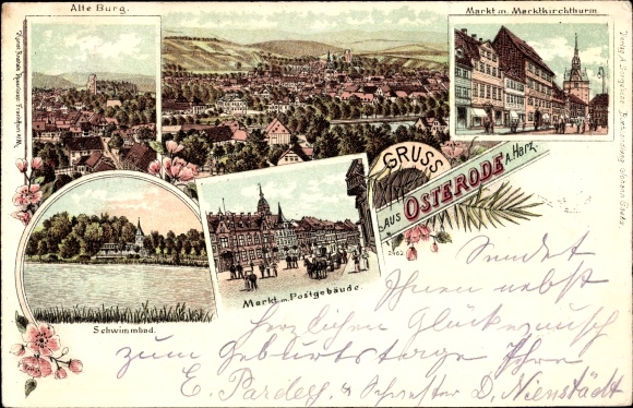 Litho Osterode am Harz, Alte Burg, Markt mit Marktkirchturm, Postgebäude, Schwimmbad