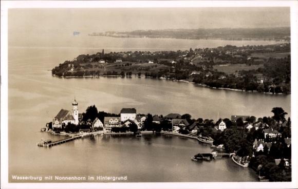 Postcard Wasserburg am Bodensee Swabia, aerial photography of the town with Nonnenhorn