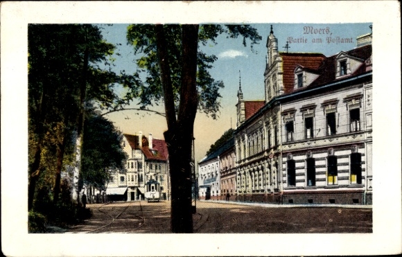 Postcard Moers, party at the post office, tram