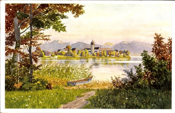 Postcard Frauenchiemsee Fraueninsel Chiemsee Upper Bavaria, watercolor of the Fraueninsel, boat on the shore, mountains