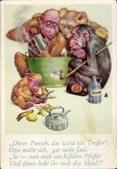 Collector's picture funny pictures No. 49, orangutan, chimpanzee, teddy bear, cooking pot