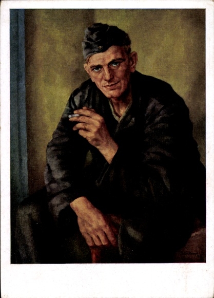 Artist Postcard Imkamp, Wilhelm, The Construction Soldier, Wehrmacht, Cigarette, Exhibition The Image of War