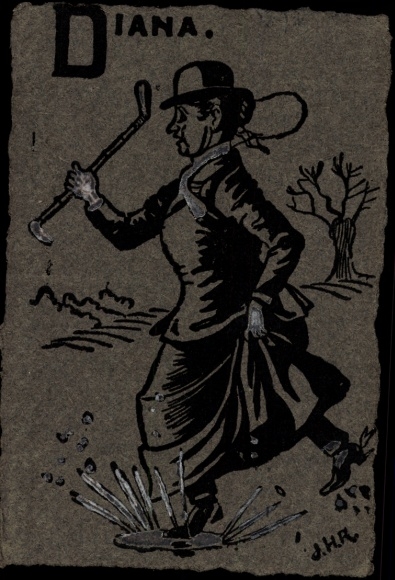 Artist Postcard Diana, Woman in a Hurry, Puddle, Walking Stick, Painted Picture