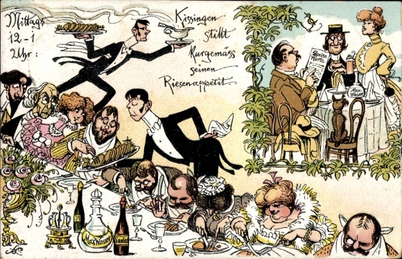 Artist Postcard Bad Kissingen, at noon, Kissingen satisfies his huge appetite