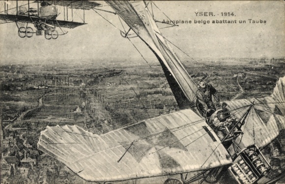 Postcard Yser 1914, Belgian plane shooting down a pigeon