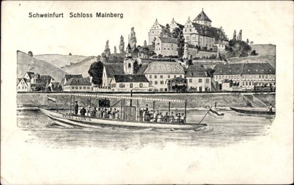 Postcard Schweinfurt in Lower Franconia Bavaria, Schlachtschüssel, Mainberg Castle, Prince Ludwig, boat with