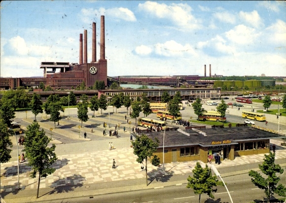 Postcard Wolfsburg in Lower Saxony, train station and VW factory