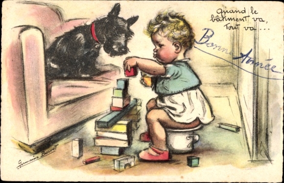 Artist Postcard Bouret, Germaine, child playing with building blocks, dog, chamber pot, terrier