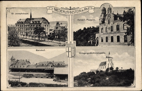 Ak Niederlahnstein Lahnstein im Rhein Lahn Kreis, Bahnhof, Postamt, Kriegergedächtniskapelle