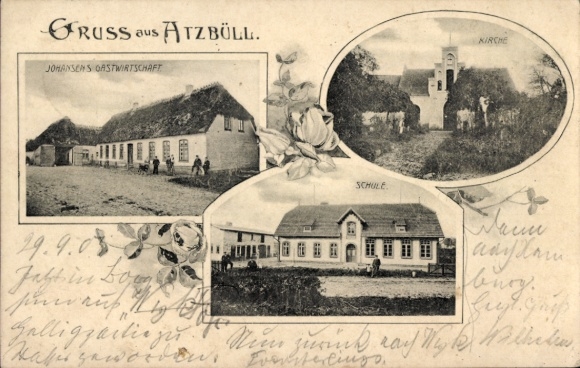 Ak Atzbüll Esgrus in Angeln, groeten van Johansens Inn, Kerk, School