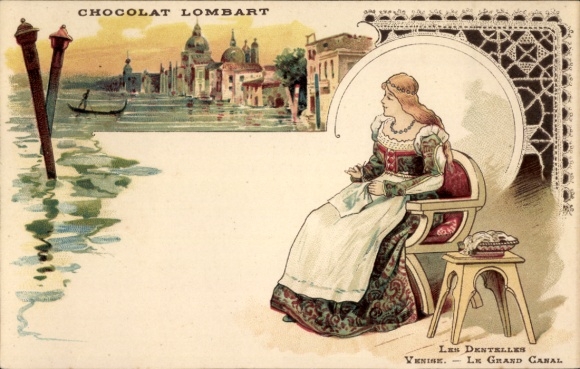 Postcard Venezia Venice Veneto, Canal Grande, lace, advertising, Lombard chocolate
