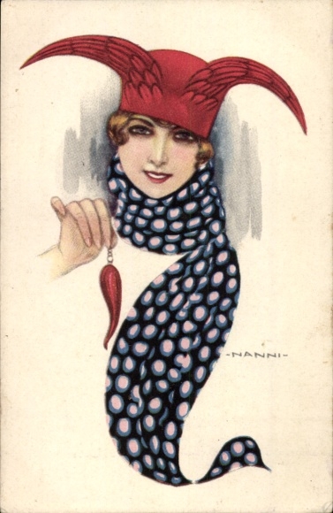 Artist Postcard Nanni, Young Woman, Red Hat, Scarf, Earring
