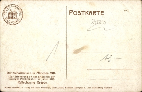 Ansichtkaart München Beieren, Schäfflertanz 1914, bandzwaaigroep