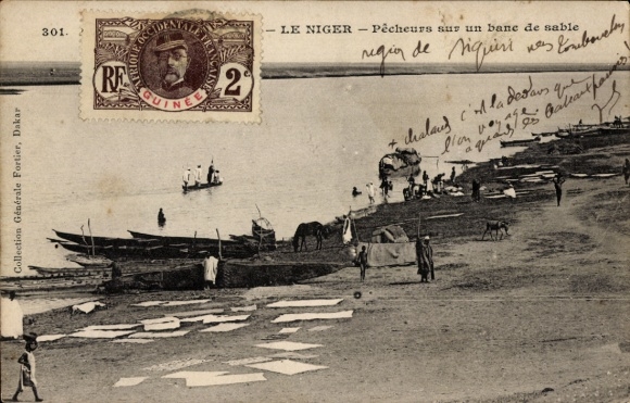 Ak Niamey Niger, Fischer am  Sandbank, Boote, Poststempel, Stempel