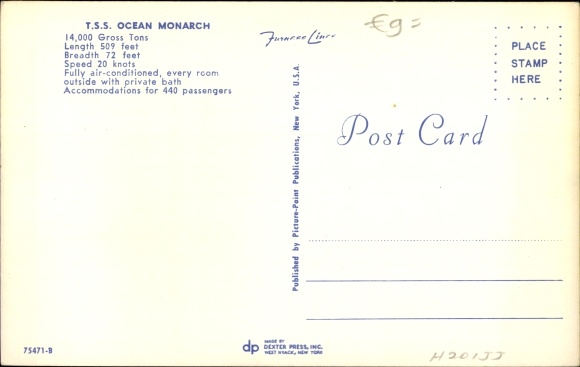 KP Steamer TSS Ocean Monarch, statek parowy, Furness Line