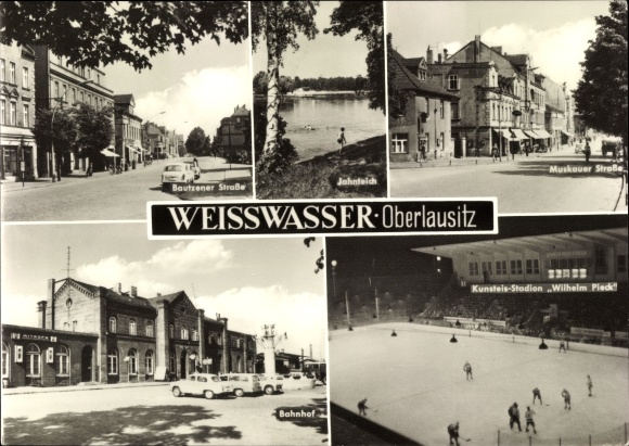 Postcard Weißwasser in Oberlausitz, Bautzener Straße, artificial ice stadium Wilhelm Pieck, ice hockey game