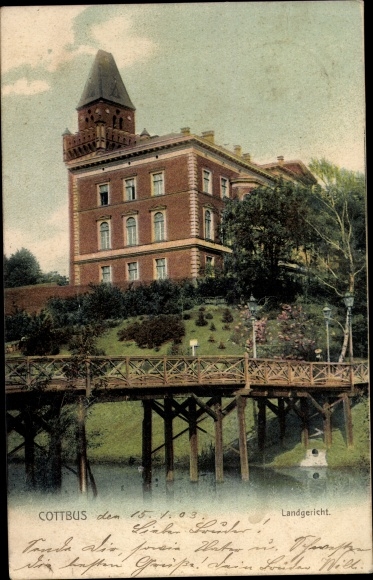 Postcard Cottbus Brandenburg, district court, wooden bridge, river side