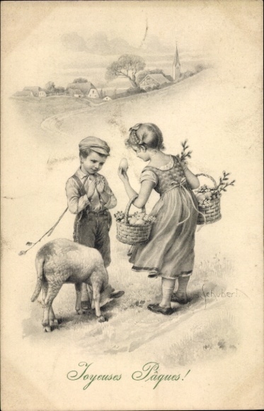 Ak Glückwunsch Ostern, Kinder, Ostereier, Lamm