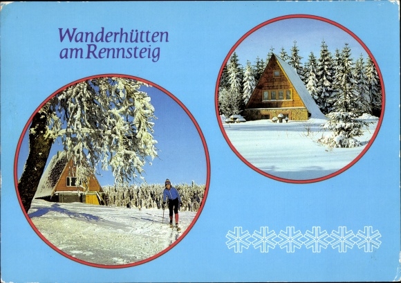 Postcard Rennsteig Thuringia, hiking huts, winter