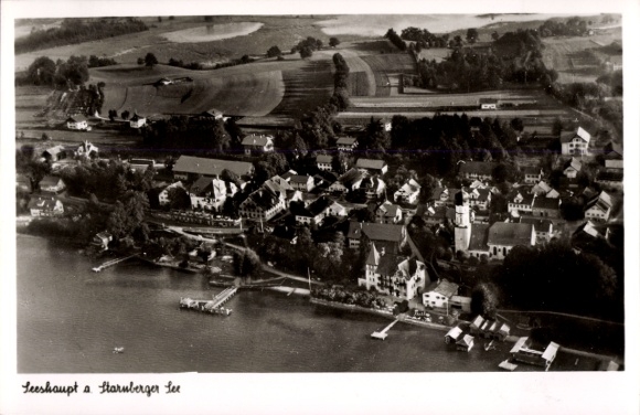 Postcard Seeshaupt on Lake Starnberg, Upper Bavaria, aerial photograph