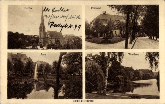 Ak Berlin Zehlendorf, Kirche, Post, Aue, Waldsee
