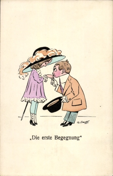 Artist Postcard The first encounter, young woman in high heels, lady's hat, kiss on the hand