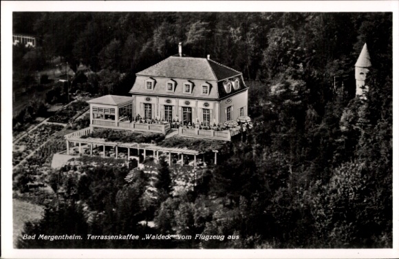 Ak Bad Mergentheim in Tauberfranken, Terrassenkaffee Walded, Flugaufnahme, Gartenlandschaft, Gebä
