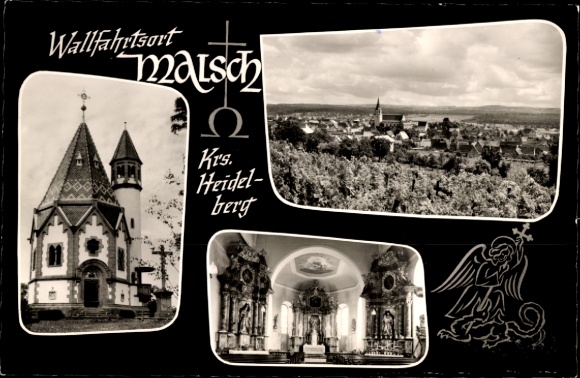 Postcard Malsch in Baden, church with interior view, local panorama, roofs
