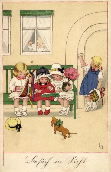 Artist PC Döring, Lia, children with flowers and chocolates, lute, dachshund