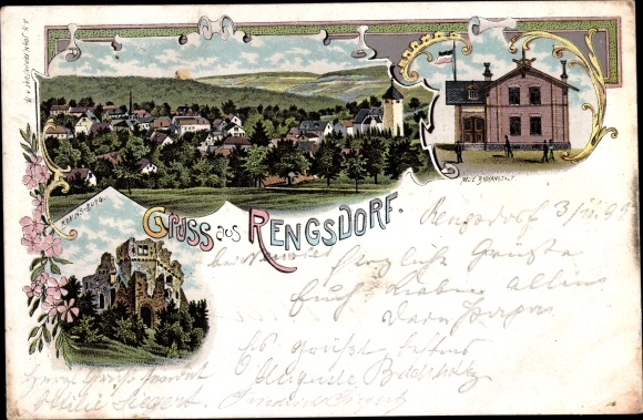 Chromo-Litho Rengsdorf in the Westerwald, total view of the village, castle ruins